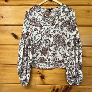 Banana Republic Ballon Long Sleeve Paisley V Neck Drawstring Top Blouse S